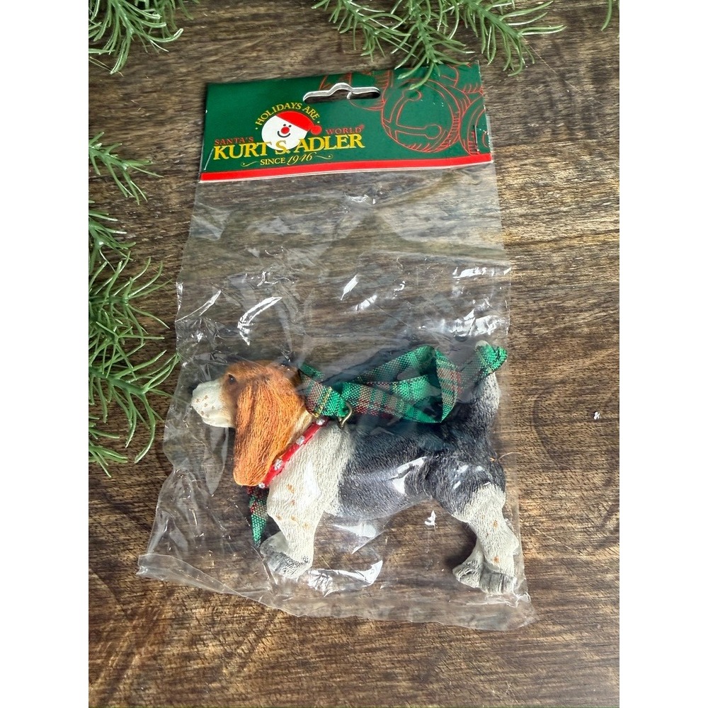 Vintage Kurt Adler Dandy Dogs Beagle Christmas Ornament 90s Plaid Bow J7174 NOS